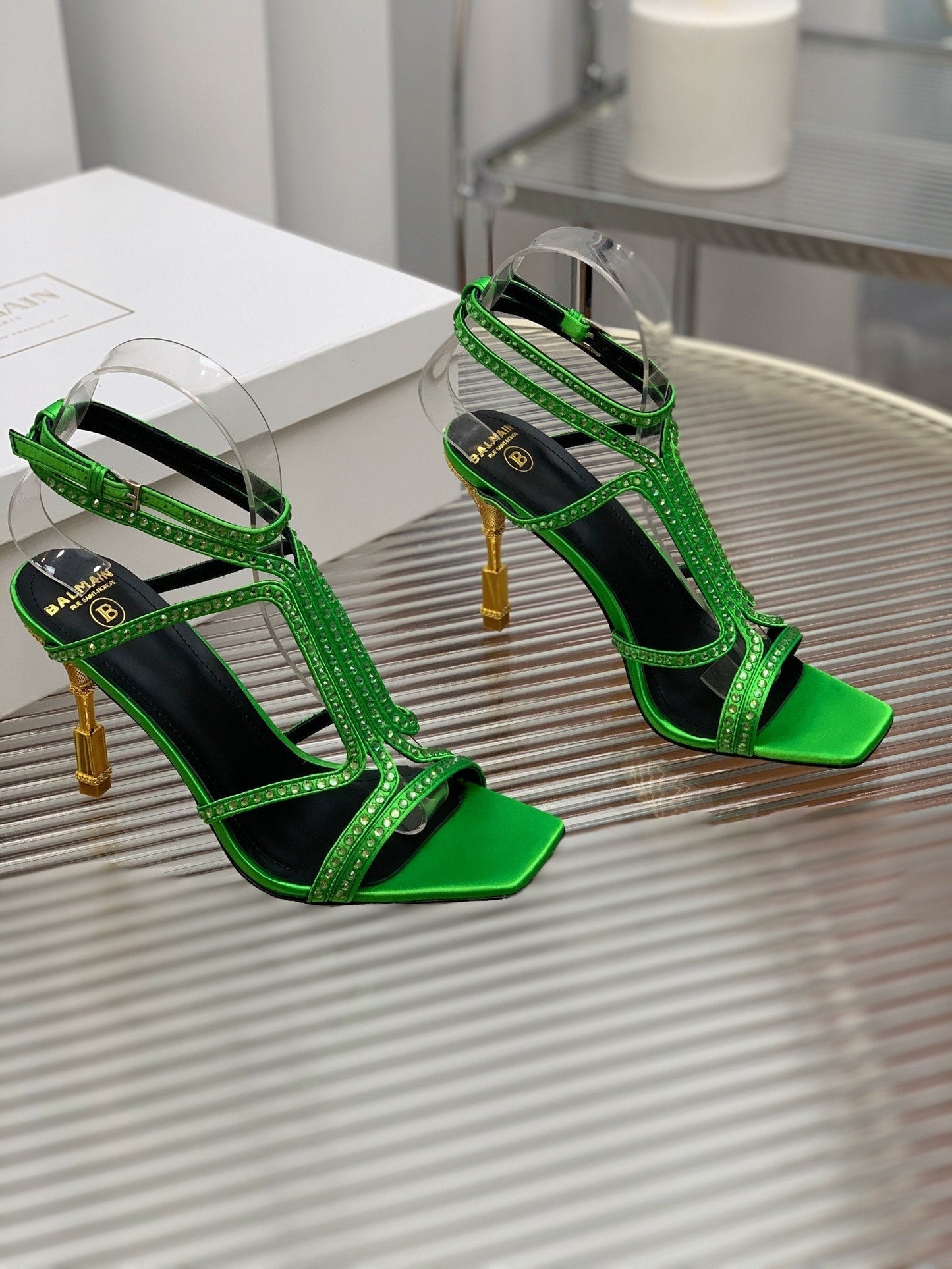 BALMAIN 25S MONETA SANDAL 95MM IN DARK GREEN CALFSKIN WITH CRYSTAL - 35