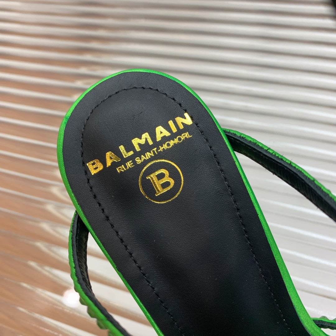 BALMAIN 25S MONETA SANDAL 95MM IN DARK GREEN CALFSKIN WITH CRYSTAL - 35