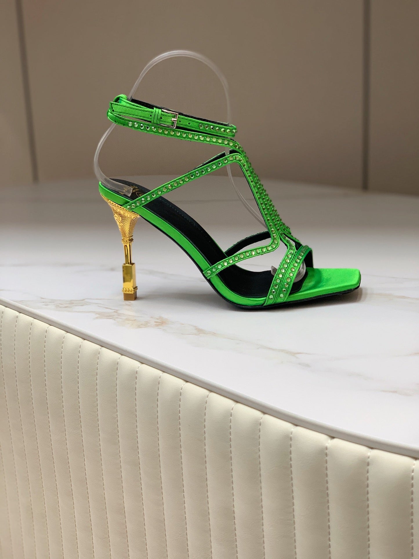BALMAIN 25S MONETA SANDAL 95MM IN DARK GREEN CALFSKIN WITH CRYSTAL - 35