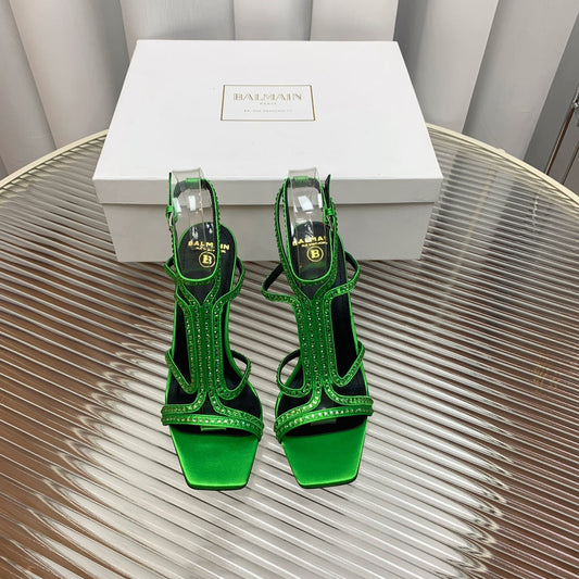 BALMAIN 25S MONETA SANDAL 95MM IN DARK GREEN CALFSKIN WITH CRYSTAL - 35