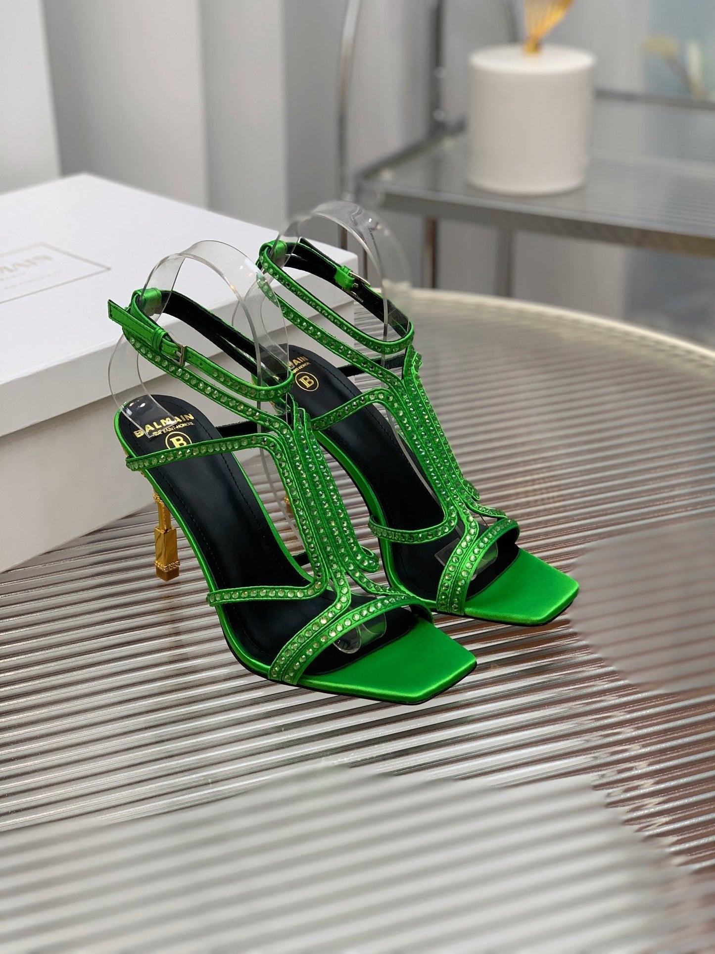 BALMAIN 25S MONETA SANDAL 95MM IN DARK GREEN CALFSKIN WITH CRYSTAL - 35