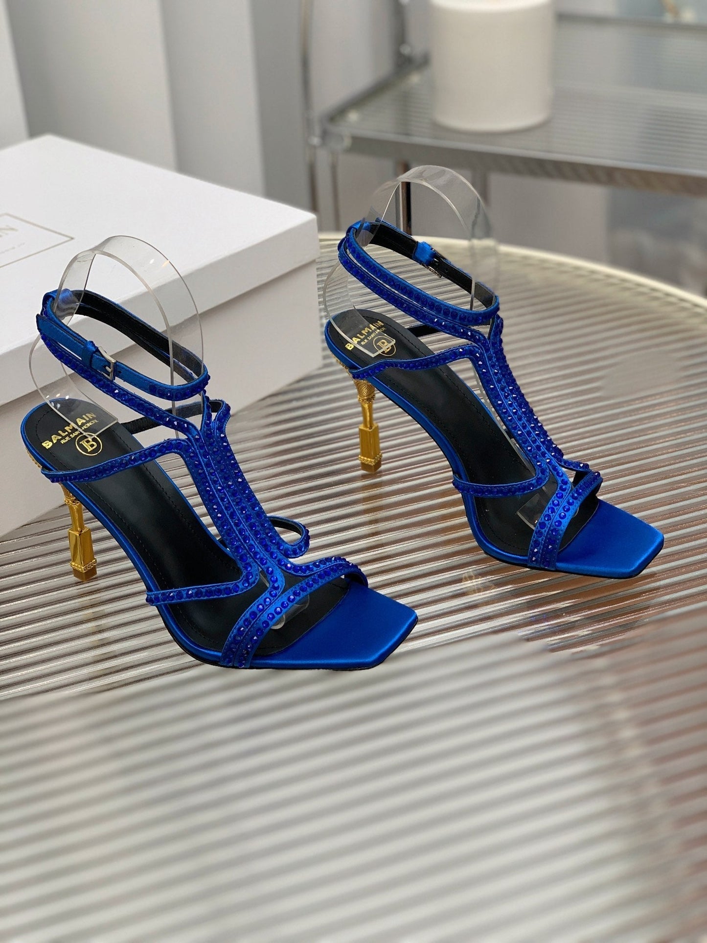 BALMAIN 25S MONETA SANDAL 95MM IN DARK BLUE CALFSKIN WITH CRYSTAL - 35