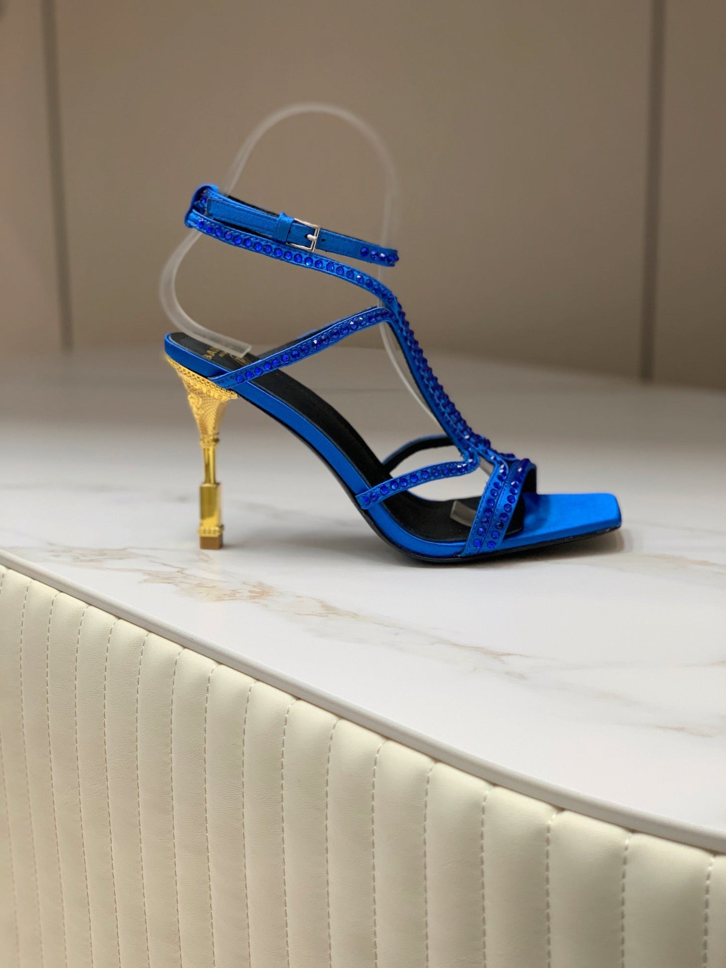 BALMAIN 25S MONETA SANDAL 95MM IN DARK BLUE CALFSKIN WITH CRYSTAL - 35