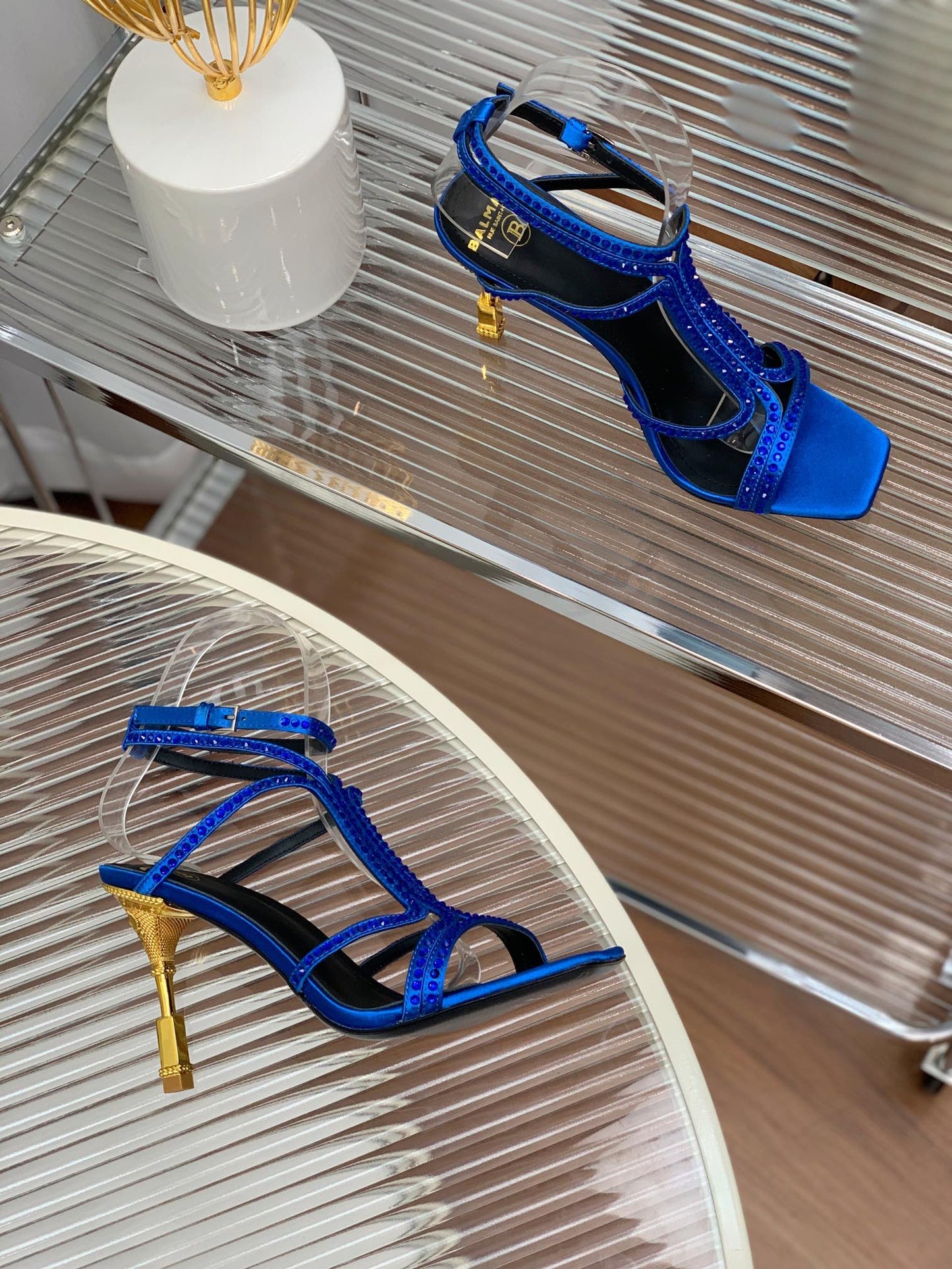 BALMAIN 25S MONETA SANDAL 95MM IN DARK BLUE CALFSKIN WITH CRYSTAL - 35