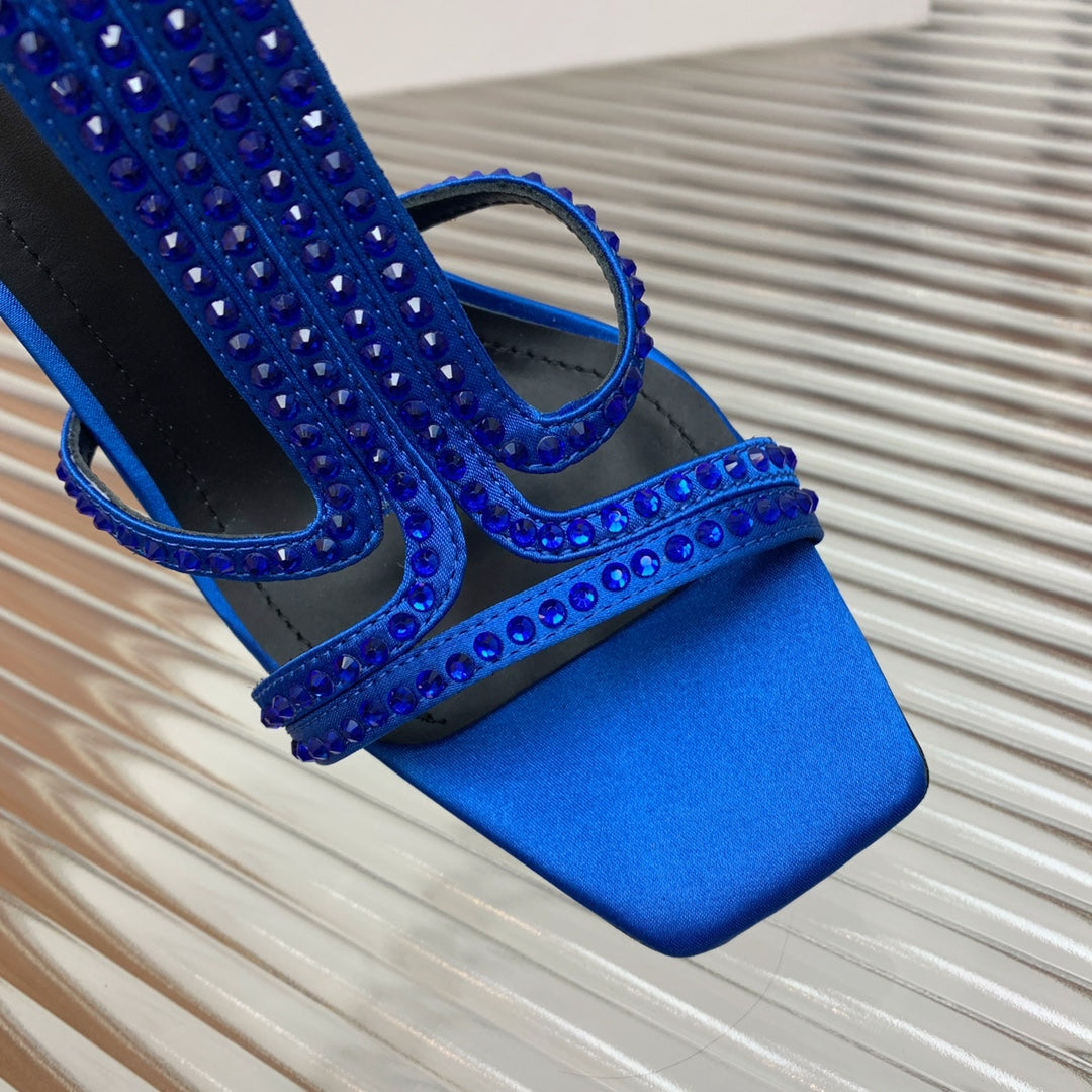 BALMAIN 25S MONETA SANDAL 95MM IN DARK BLUE CALFSKIN WITH CRYSTAL - 35