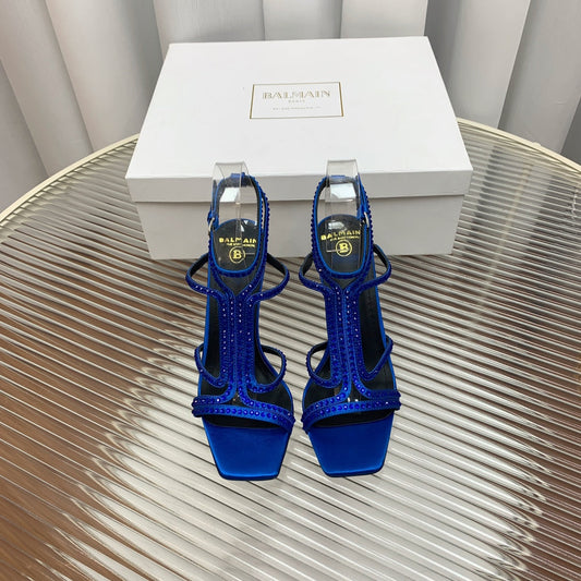 BALMAIN 25S MONETA SANDAL 95MM IN DARK BLUE CALFSKIN WITH CRYSTAL - 35