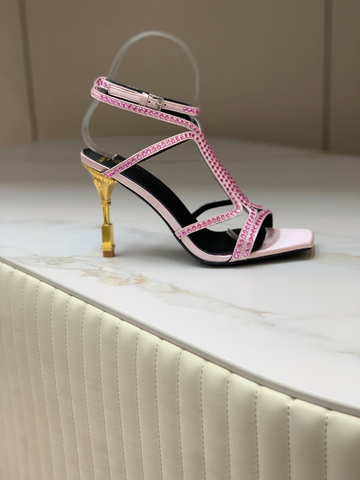 BALMAIN 25S MONETA SANDAL 95MM IN LAVENDER PINK CALFSKIN WITH CRYSTAL - 35