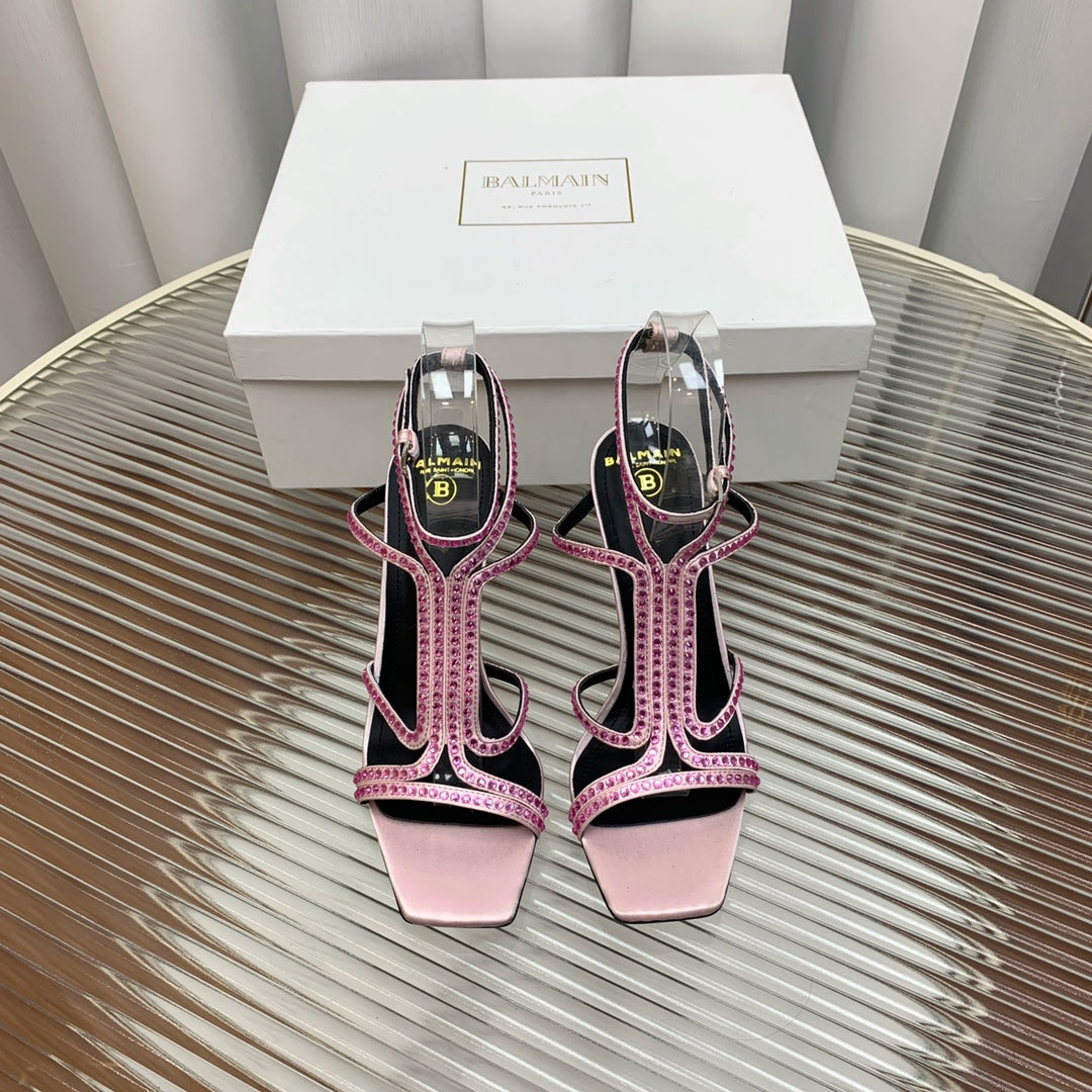 BALMAIN 25S MONETA SANDAL 95MM IN LAVENDER PINK CALFSKIN WITH CRYSTAL - 35