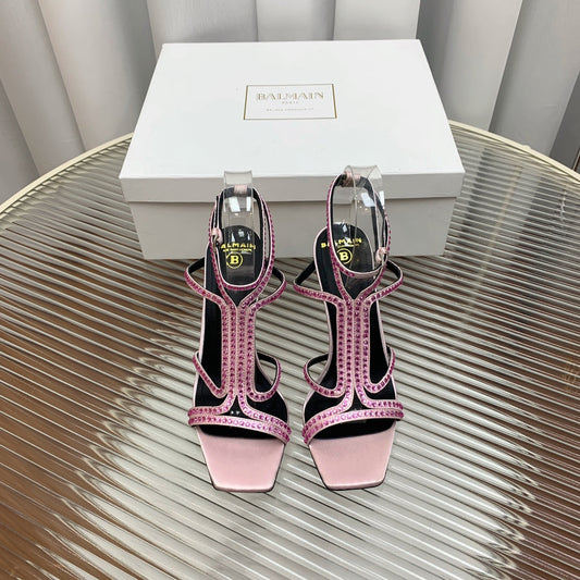 BALMAIN 25S MONETA SANDAL 95MM IN LAVENDER PINK CALFSKIN WITH CRYSTAL - 35