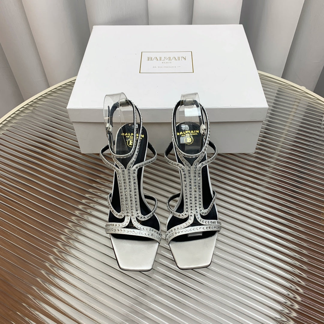 BALMAIN 25S MONETA SANDAL 95MM IN SILVER CALFSKIN WITH CRYSTAL - 35