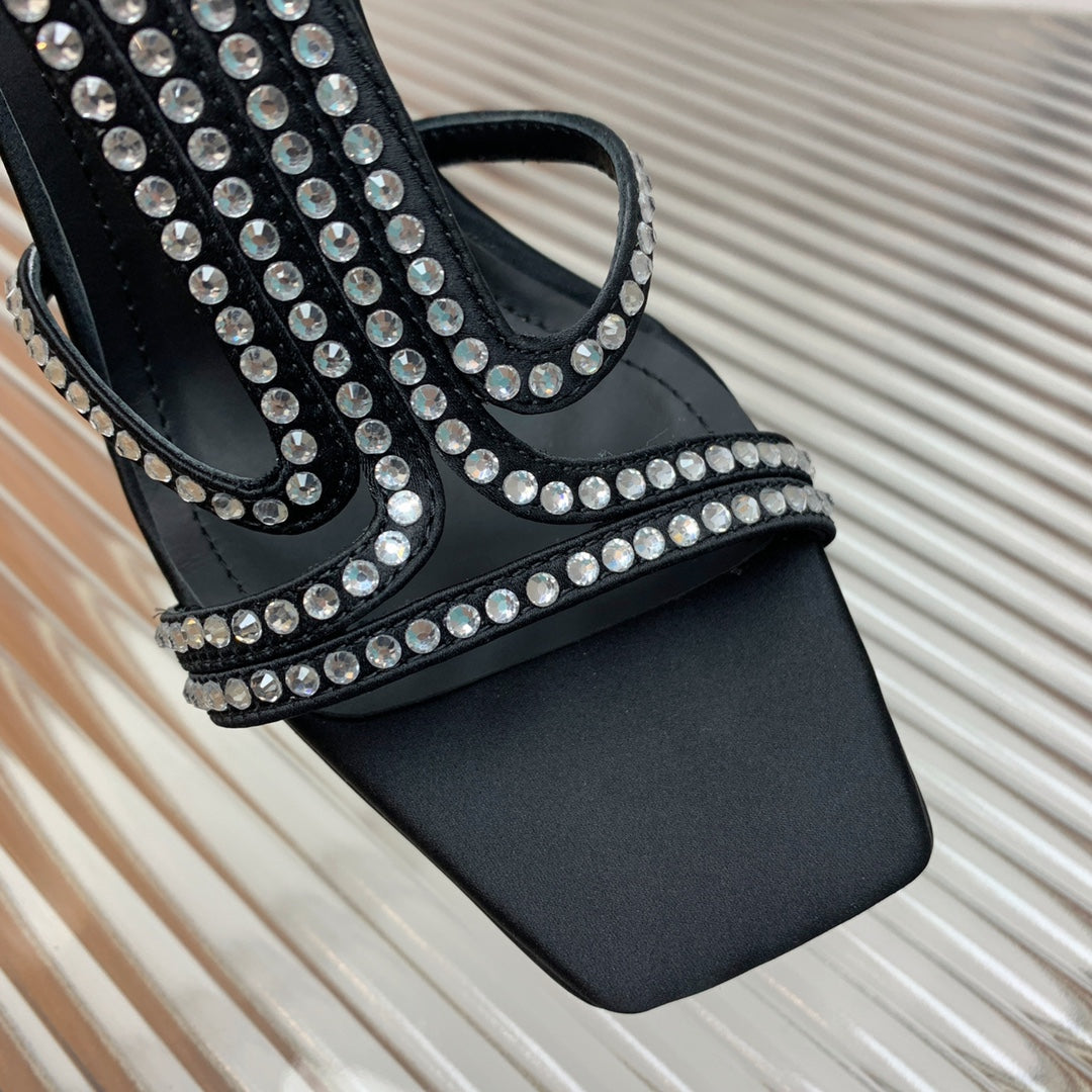 BALMAIN 25S MONETA SANDAL 95MM IN BLACK CALFSKIN WITH CRYSTAL - 35