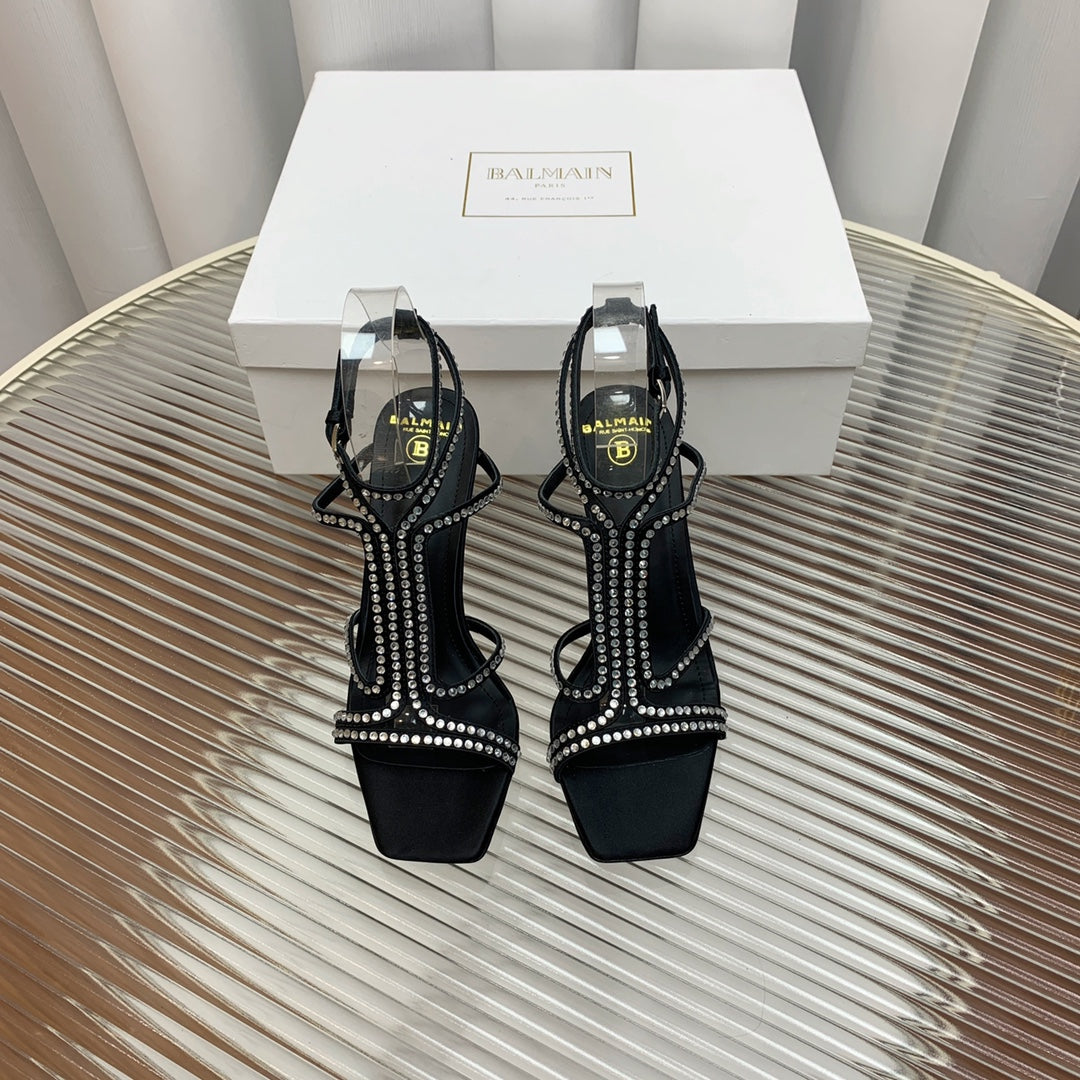 BALMAIN 25S MONETA SANDAL 95MM IN BLACK CALFSKIN WITH CRYSTAL - 35