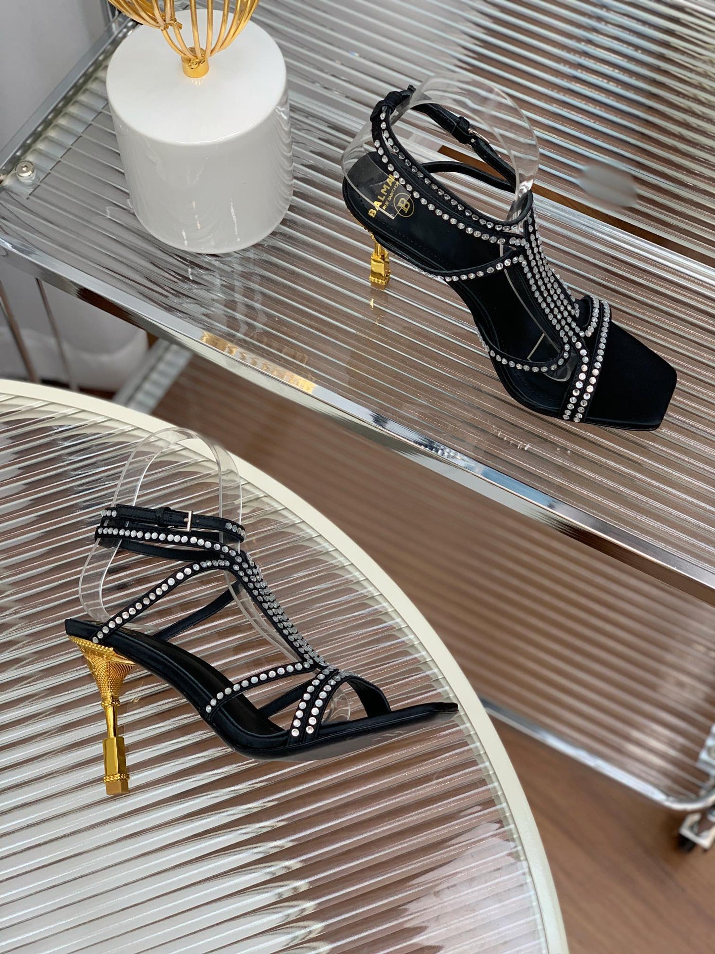BALMAIN 25S MONETA SANDAL 95MM IN BLACK CALFSKIN WITH CRYSTAL - 35