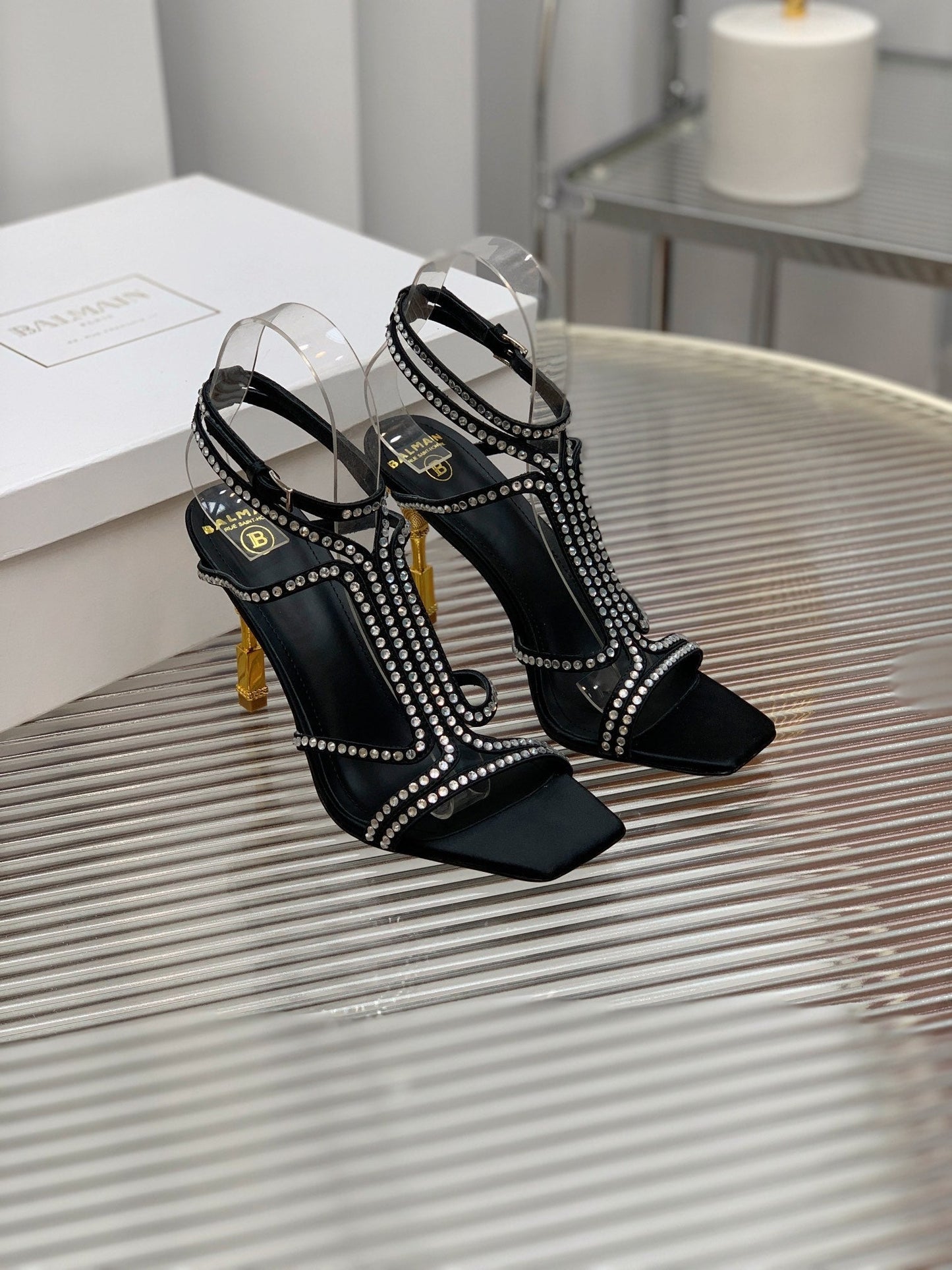 BALMAIN 25S MONETA SANDAL 95MM IN BLACK CALFSKIN WITH CRYSTAL - 35