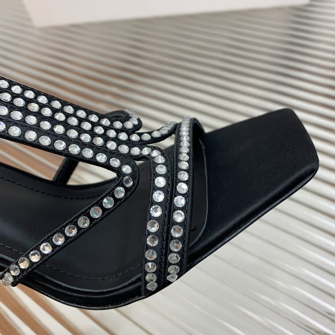 BALMAIN 25S MONETA SANDAL 95MM IN BLACK CALFSKIN WITH CRYSTAL - 35