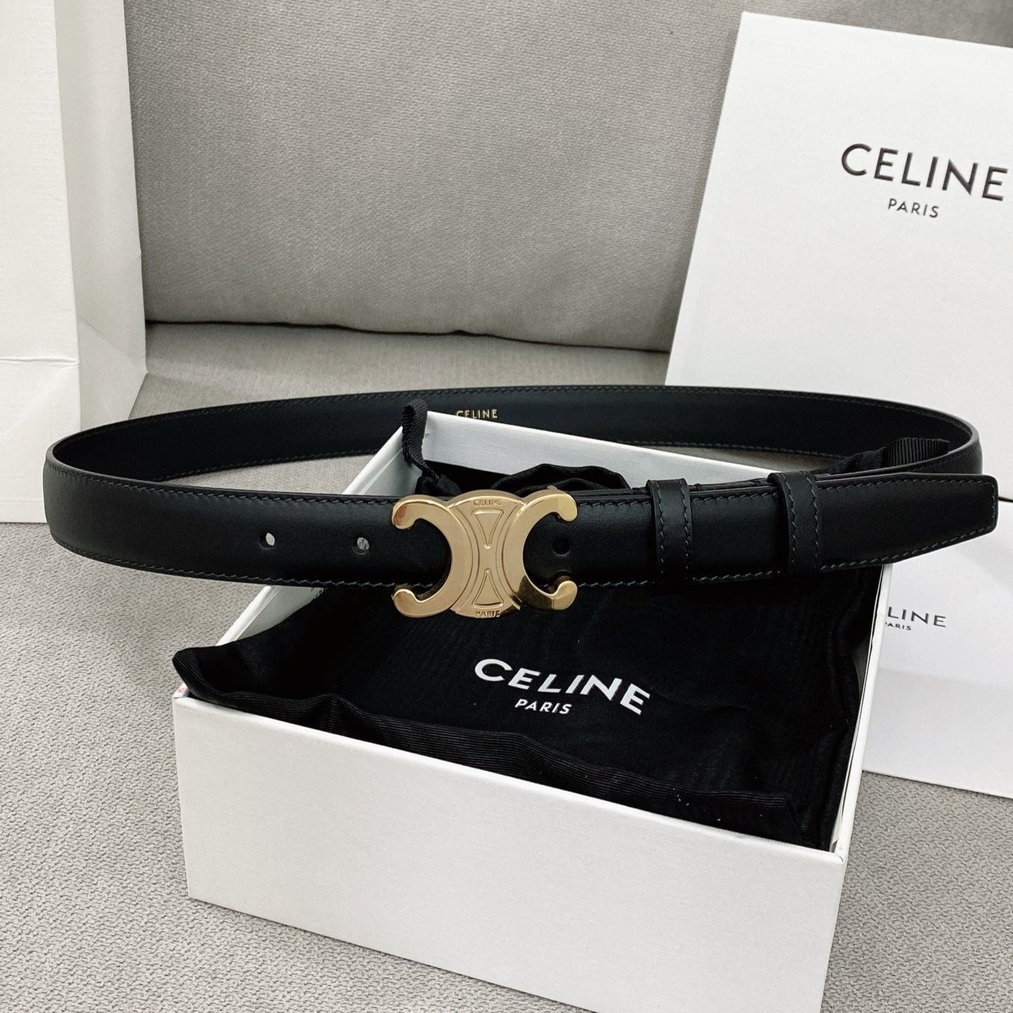 CELINE 25S TRIOMPHE BELT 25MM IN BLACK CALFSKIN GLOD HARDWARE 580679 - 26 - 28