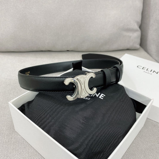 CELINE 25S TRIOMPHE BELT 25MM IN BLACK CALFSKIN SILVER HARDWARE 580680 - 26 - 28