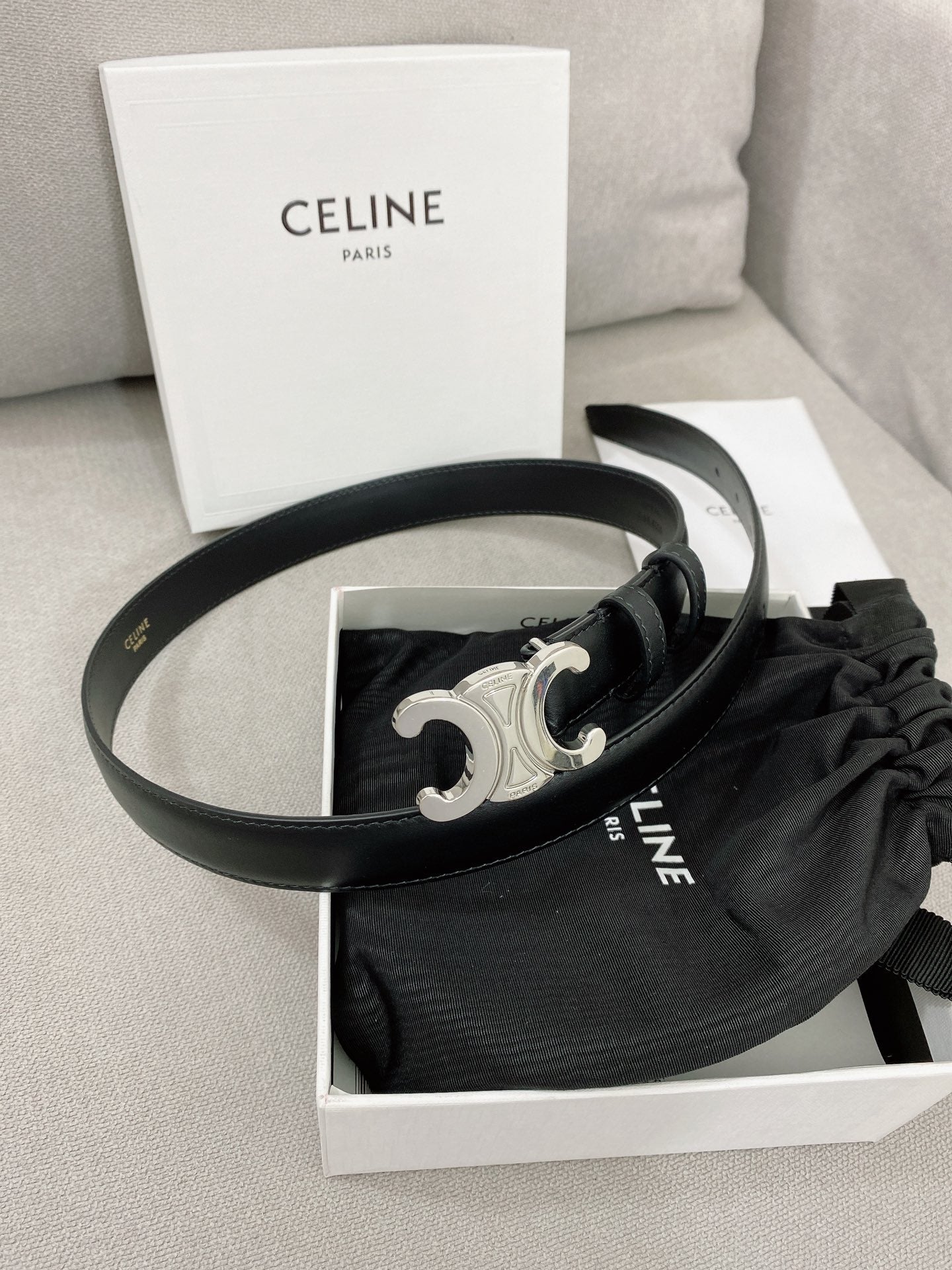 CELINE 25S TRIOMPHE BELT 25MM IN BLACK CALFSKIN SILVER HARDWARE 580680 - 26 - 28