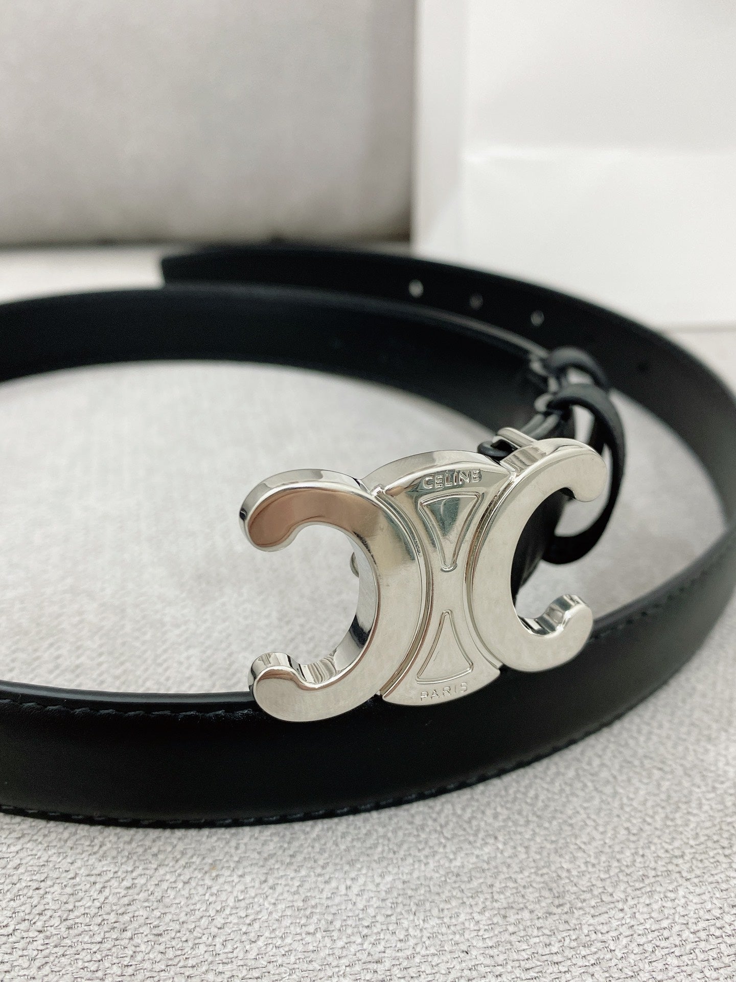 CELINE 25S TRIOMPHE BELT 25MM IN BLACK CALFSKIN SILVER HARDWARE 580680 - 26 - 28