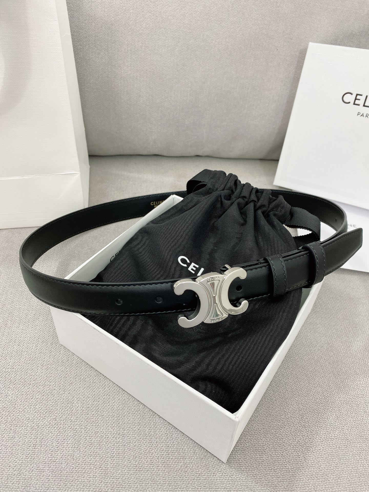 CELINE 25S TRIOMPHE BELT 25MM IN BLACK CALFSKIN SILVER HARDWARE 580680 - 26 - 28