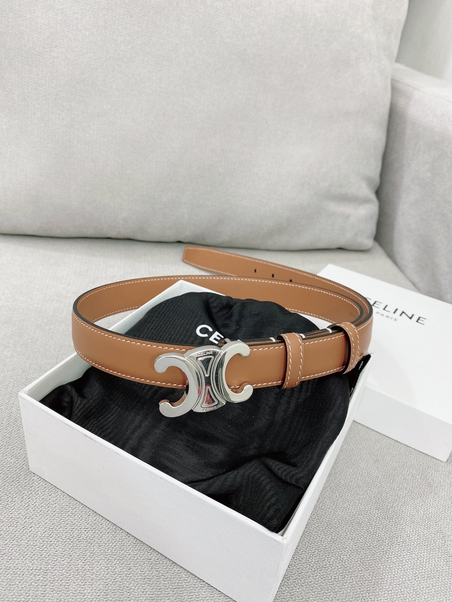 CELINE 25S TRIOMPHE BELT 25MM IN BROWN CALFSKIN SILVER HARDWARE 580678 - 26 - 28