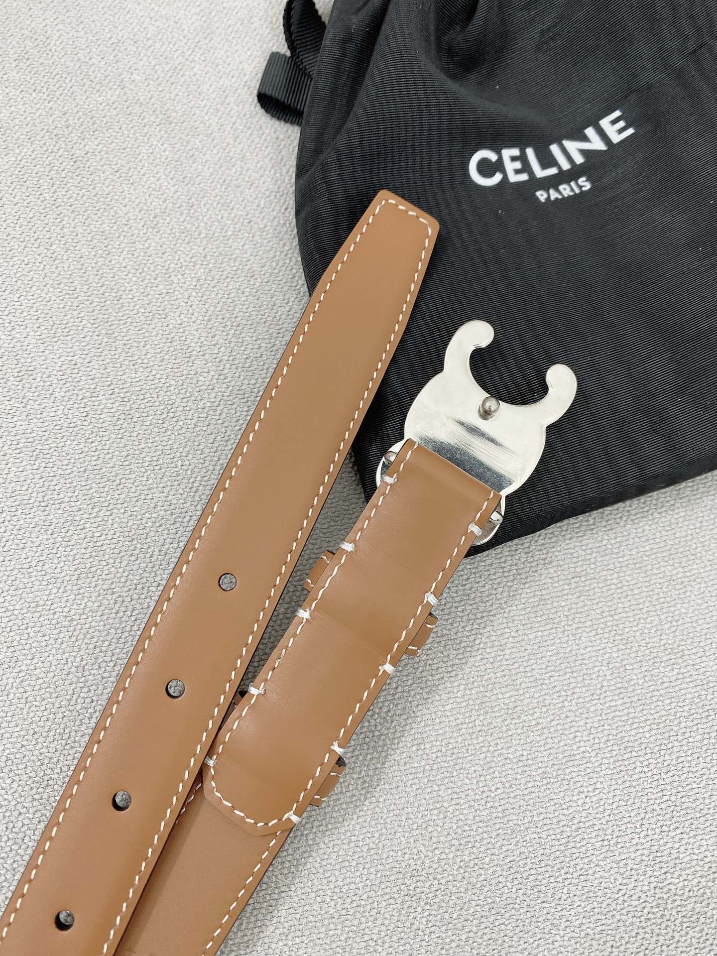 CELINE 25S TRIOMPHE BELT 25MM IN BROWN CALFSKIN SILVER HARDWARE 580678 - 26 - 28