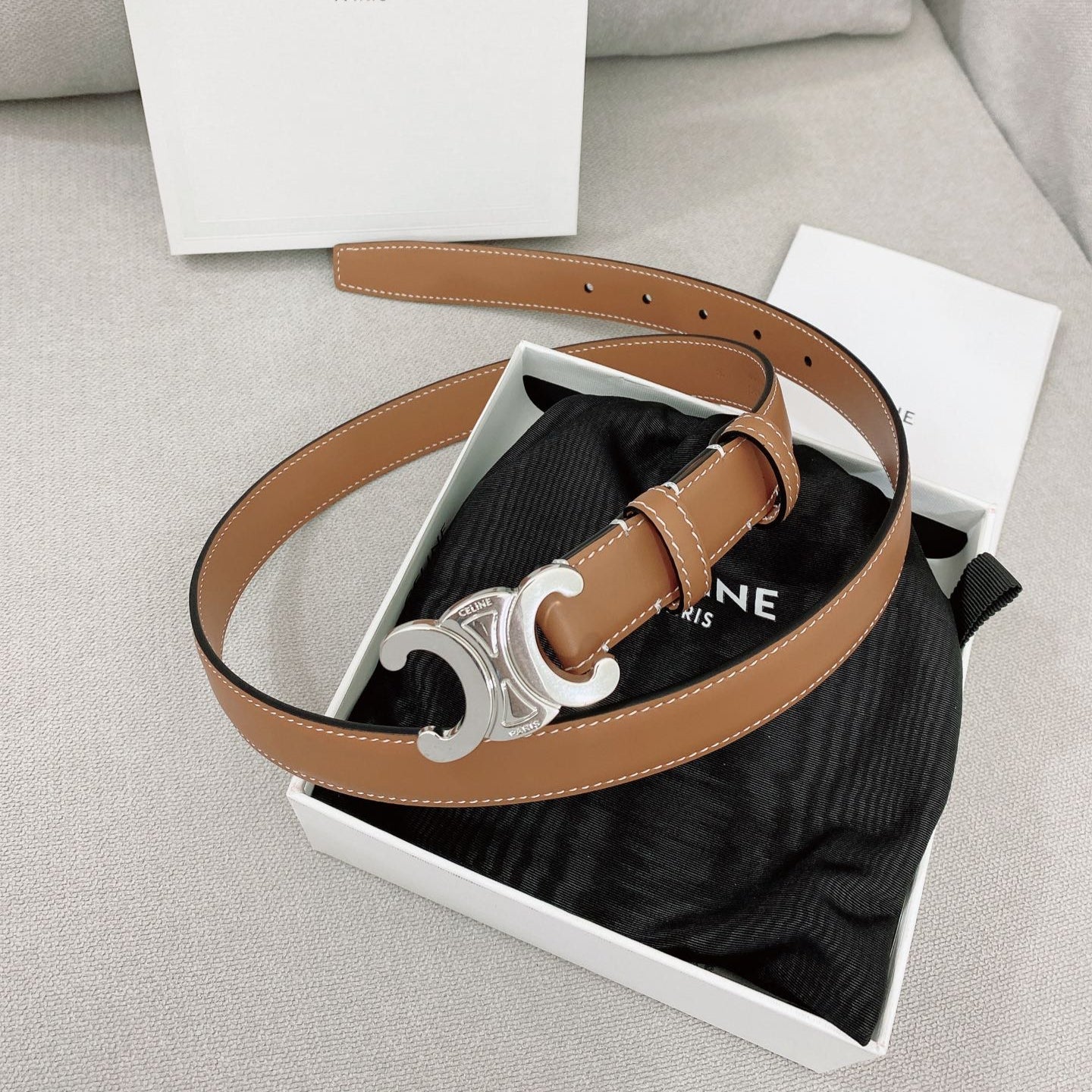 CELINE 25S TRIOMPHE BELT 25MM IN BROWN CALFSKIN SILVER HARDWARE 580678 - 26 - 28