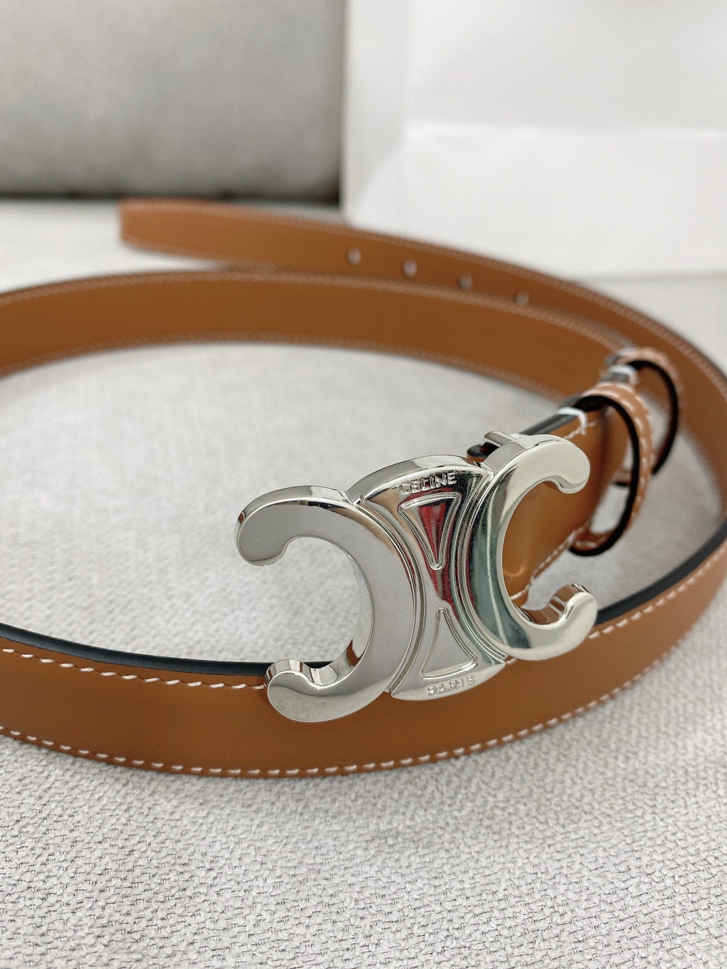 CELINE 25S TRIOMPHE BELT 25MM IN BROWN CALFSKIN SILVER HARDWARE 580678 - 26 - 28