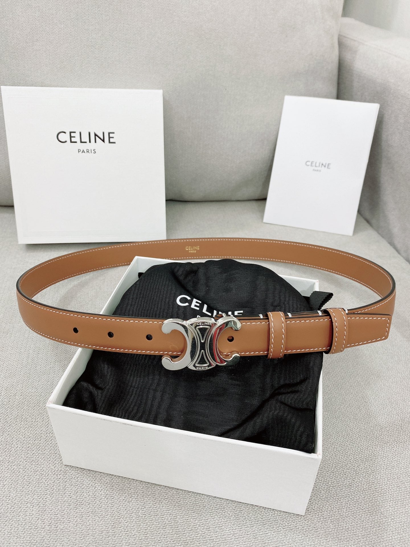 CELINE 25S TRIOMPHE BELT 25MM IN BROWN CALFSKIN SILVER HARDWARE 580678 - 26 - 28