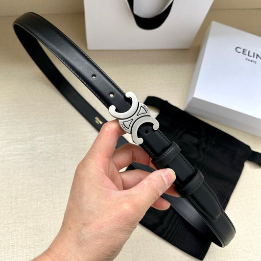 Medium Triomphe Belt 25mm Black Calfskin Silver Finishing - 30