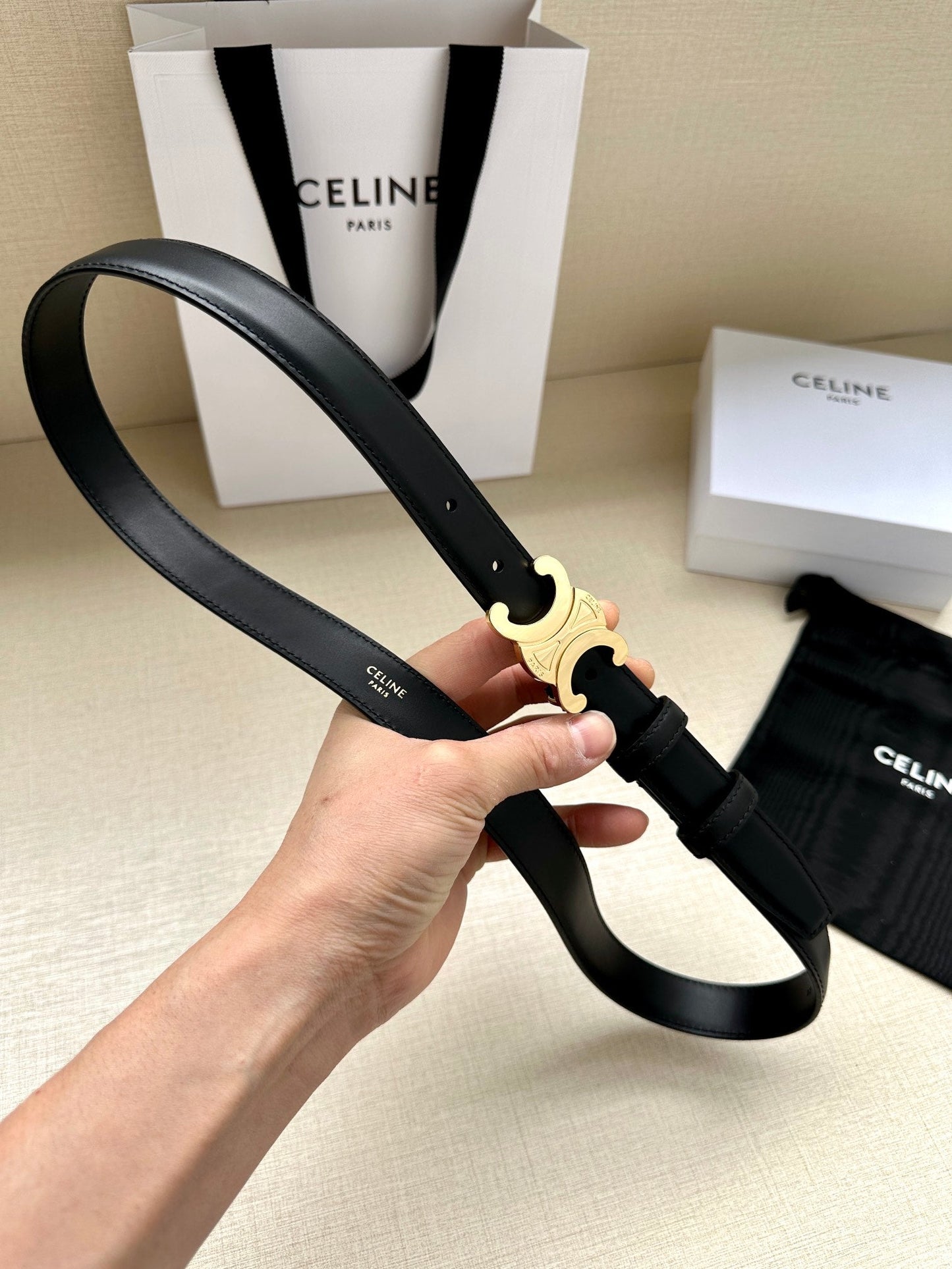 Medium Triomphe Belt 25mm Black Calfskin Ghw - 30