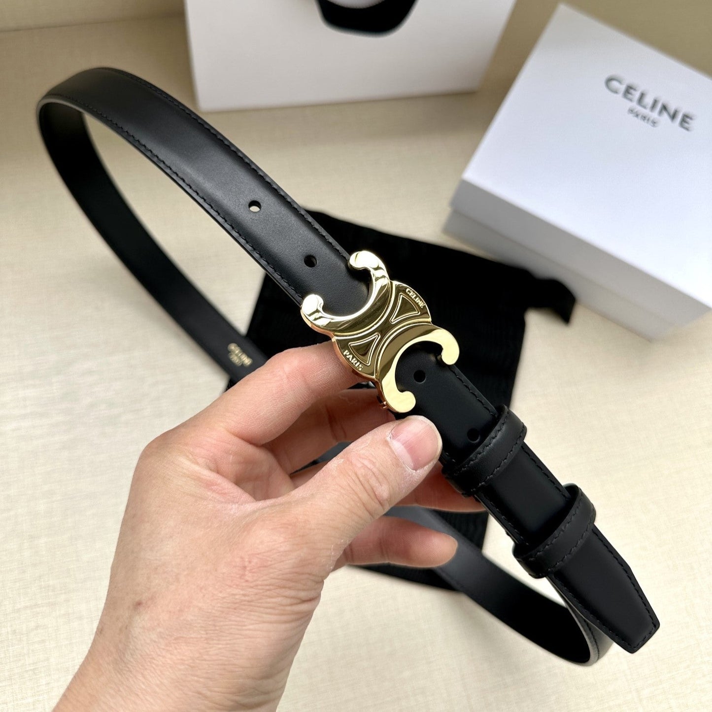 Medium Triomphe Belt 25mm Black Calfskin Ghw - 30