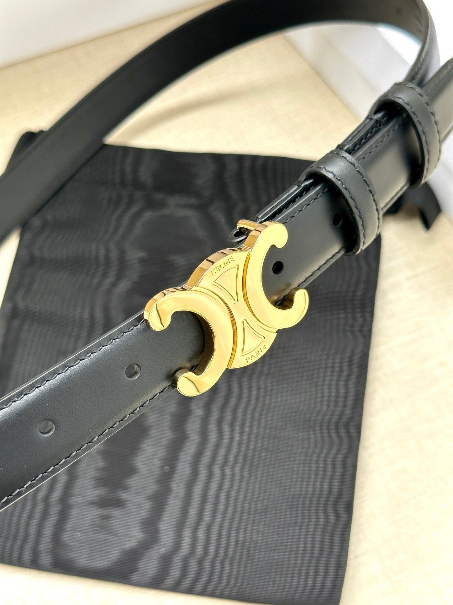 Medium Triomphe Belt 25mm Black Calfskin Ghw - 30