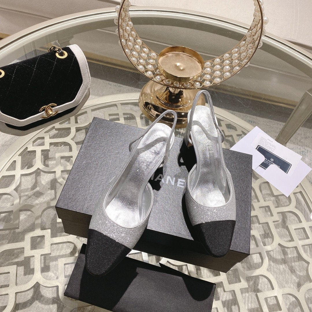 slingback 6.5 glitter silver black grosgrain - 35
