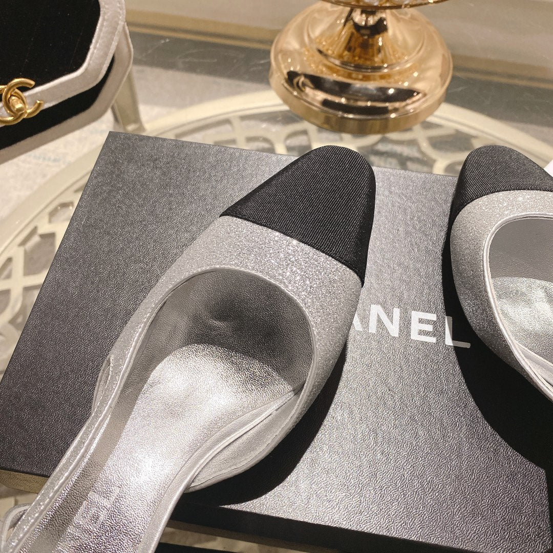 slingback 6.5 glitter silver black grosgrain - 35