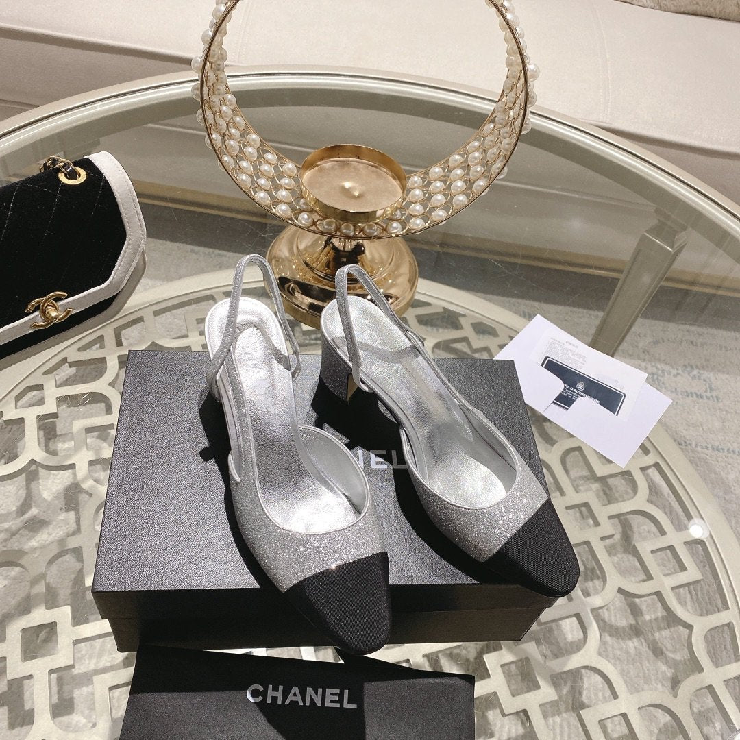 slingback 6.5 glitter silver black grosgrain - 35