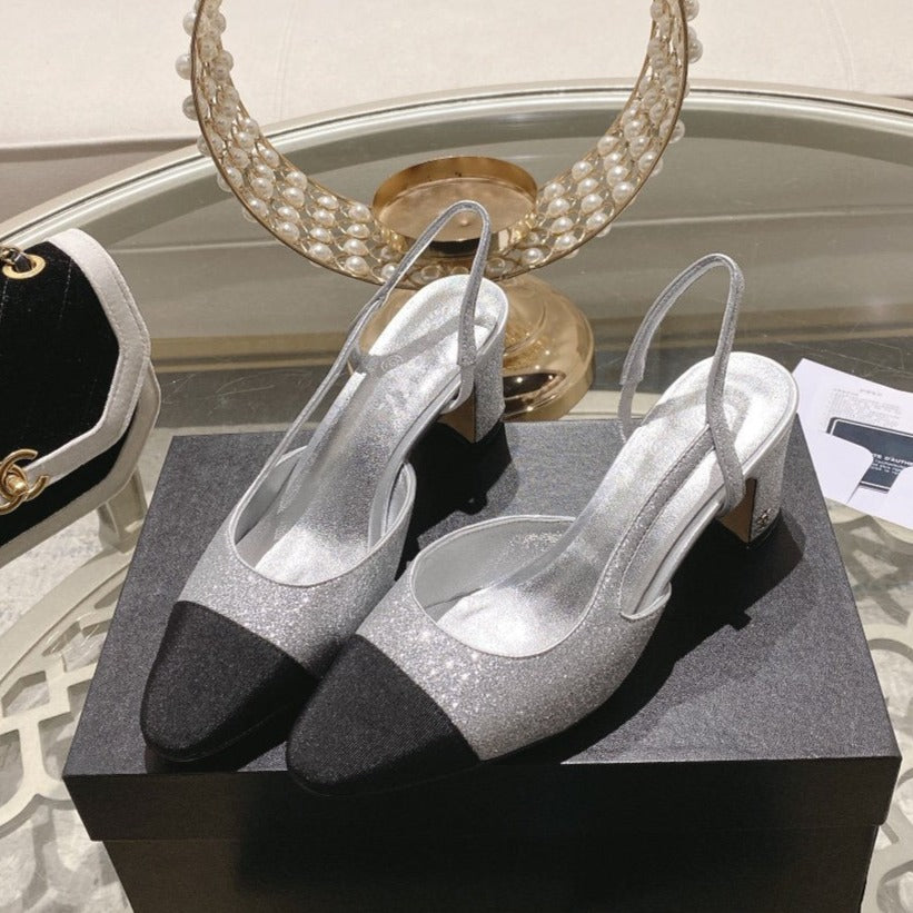 slingback 6.5 glitter silver black grosgrain - 35