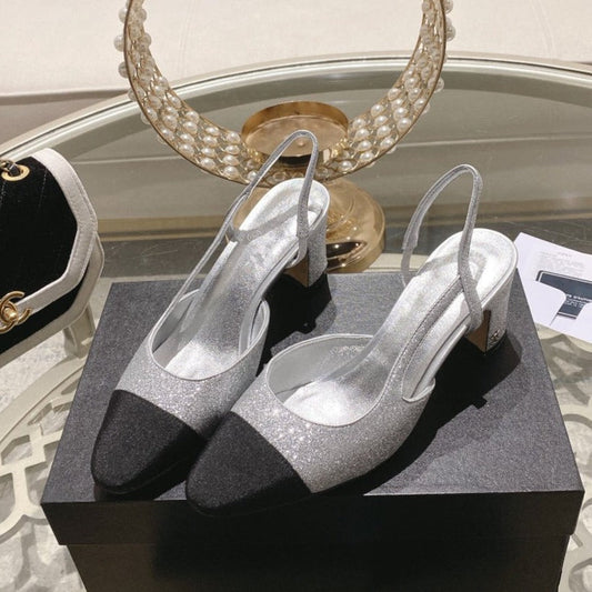 slingback 6.5 glitter silver black grosgrain - 35