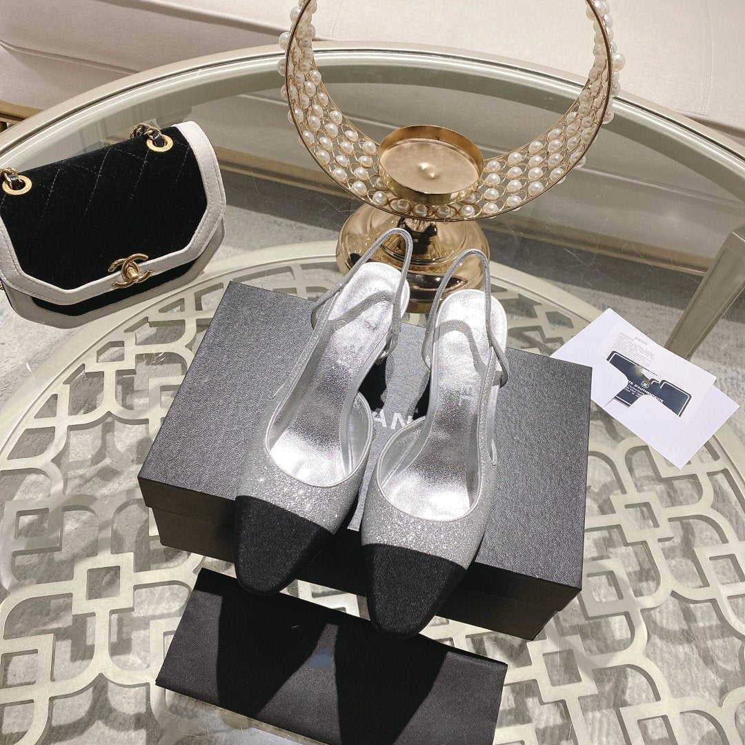 slingback 6.5 glitter silver black grosgrain - 35