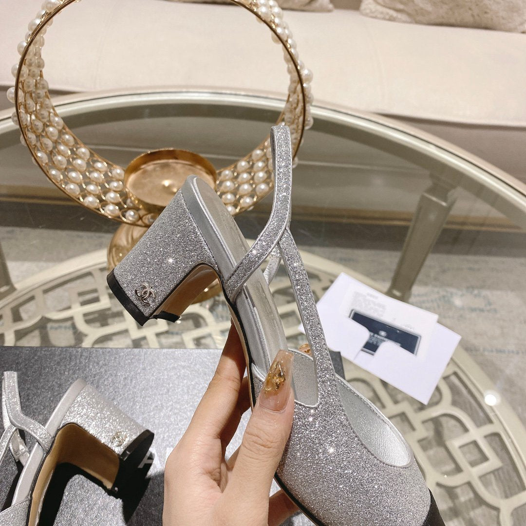 slingback 6.5 glitter silver black grosgrain - 35