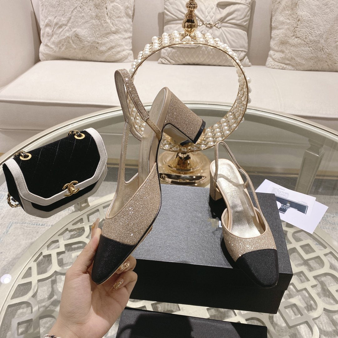 slingback 6.5 glitter beige black grosgrain - 35