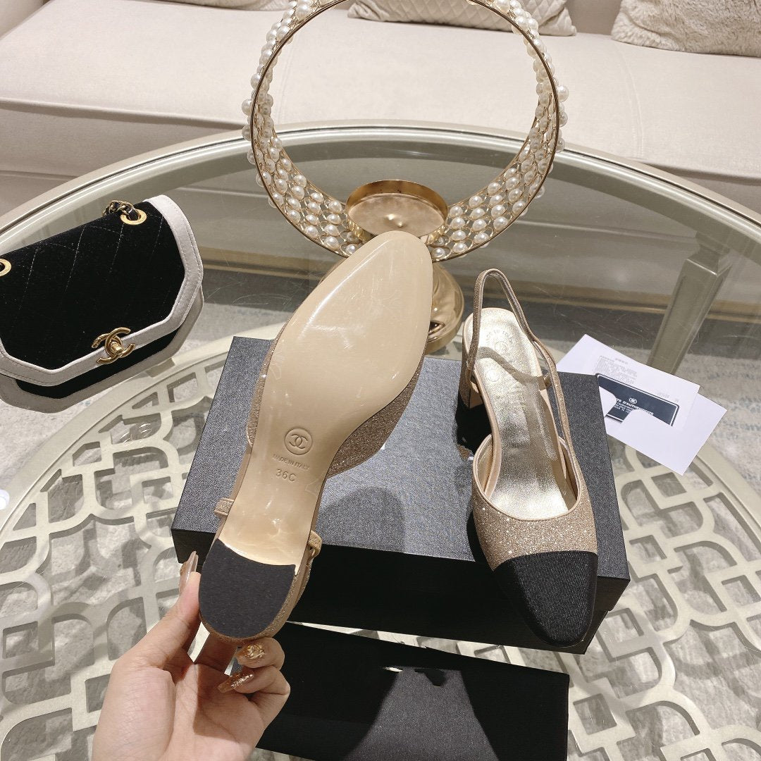 slingback 6.5 glitter beige black grosgrain - 35