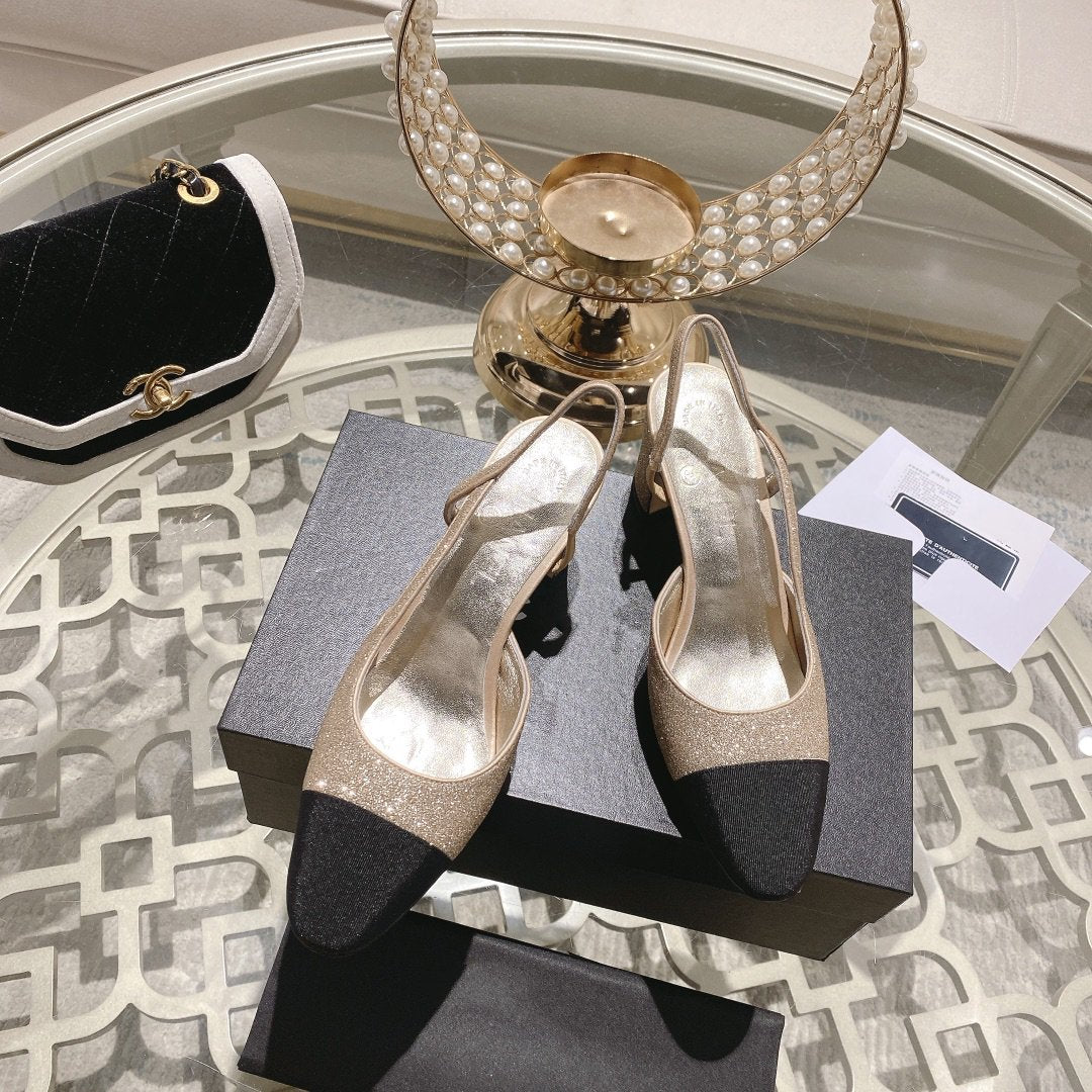 slingback 6.5 glitter beige black grosgrain - 35