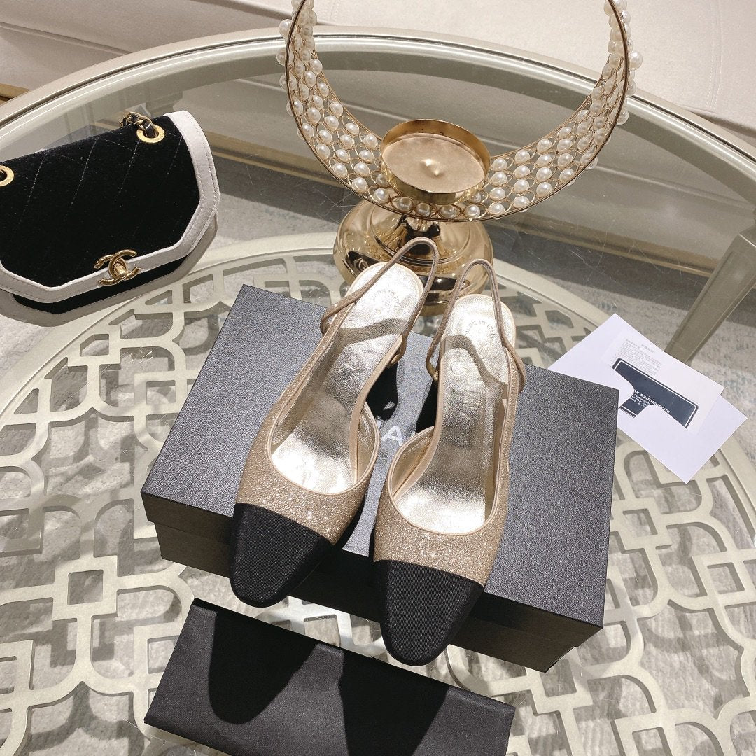 slingback 6.5 glitter beige black grosgrain - 35