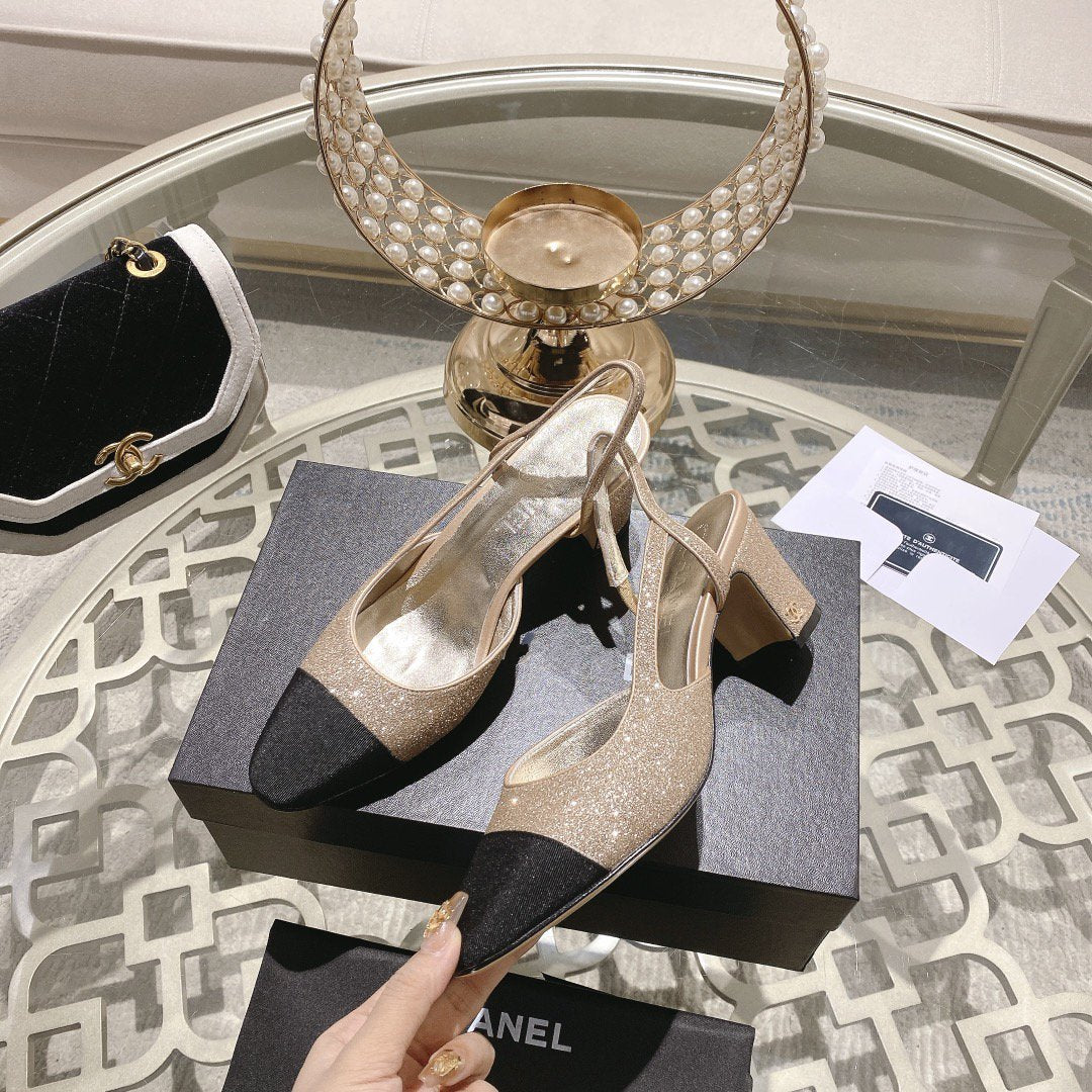 slingback 6.5 glitter beige black grosgrain - 35