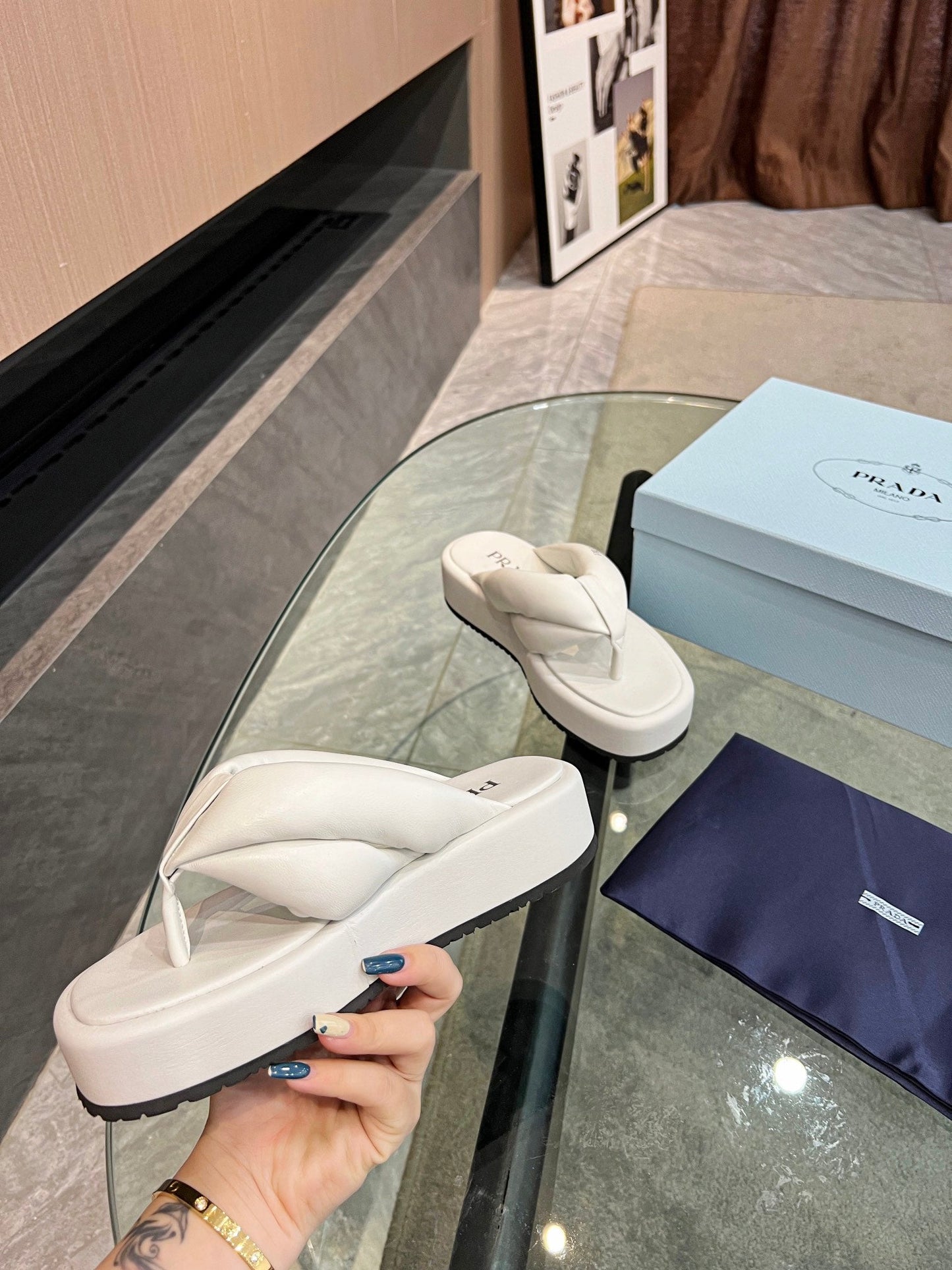 PRA THONG FLATFORM SANDALS WHITE LAMBSKIN - 35