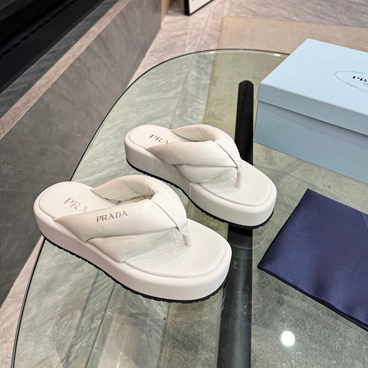 PRA THONG FLATFORM SANDALS WHITE LAMBSKIN - 35