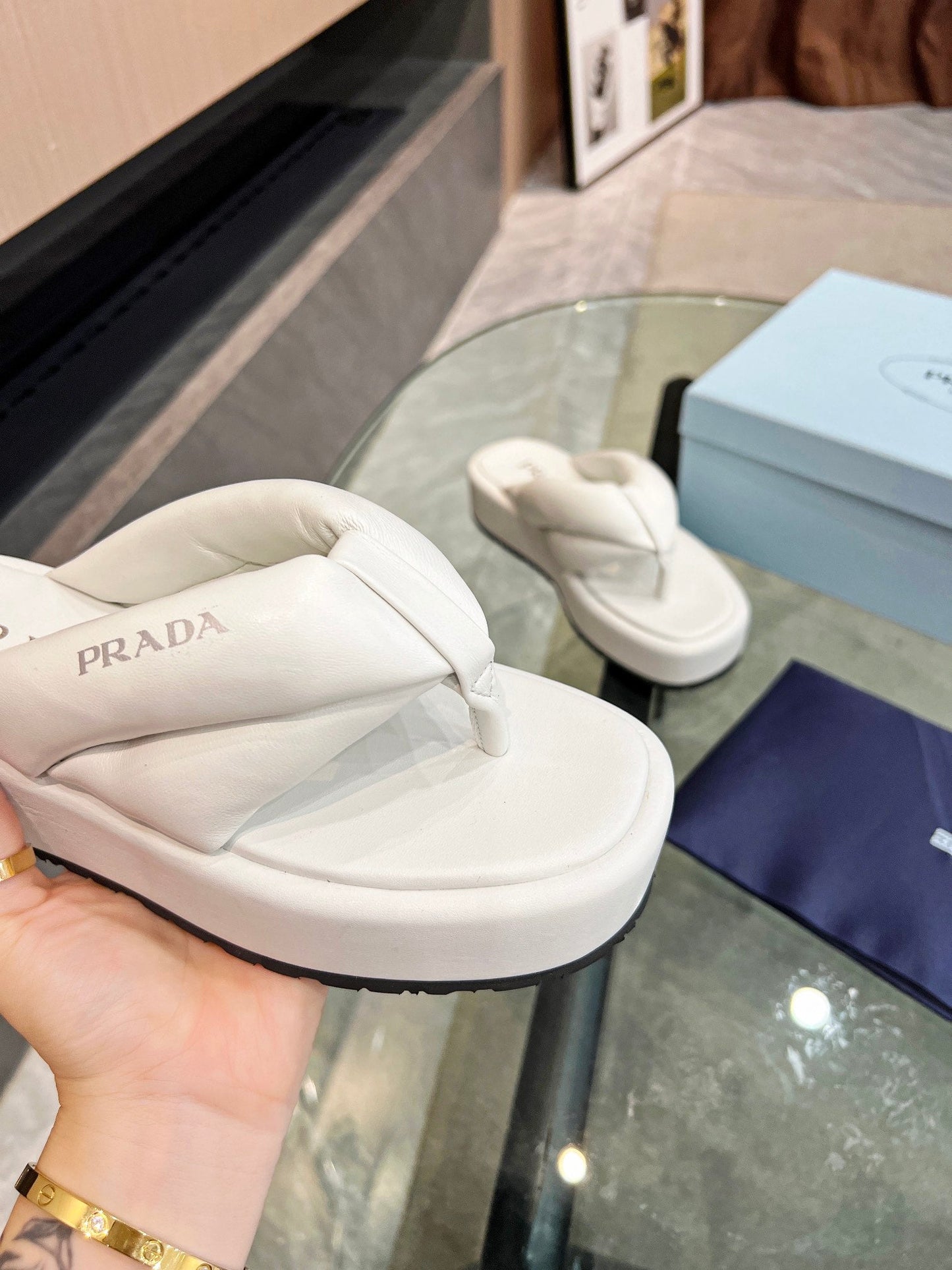 PRA THONG FLATFORM SANDALS WHITE LAMBSKIN - 35