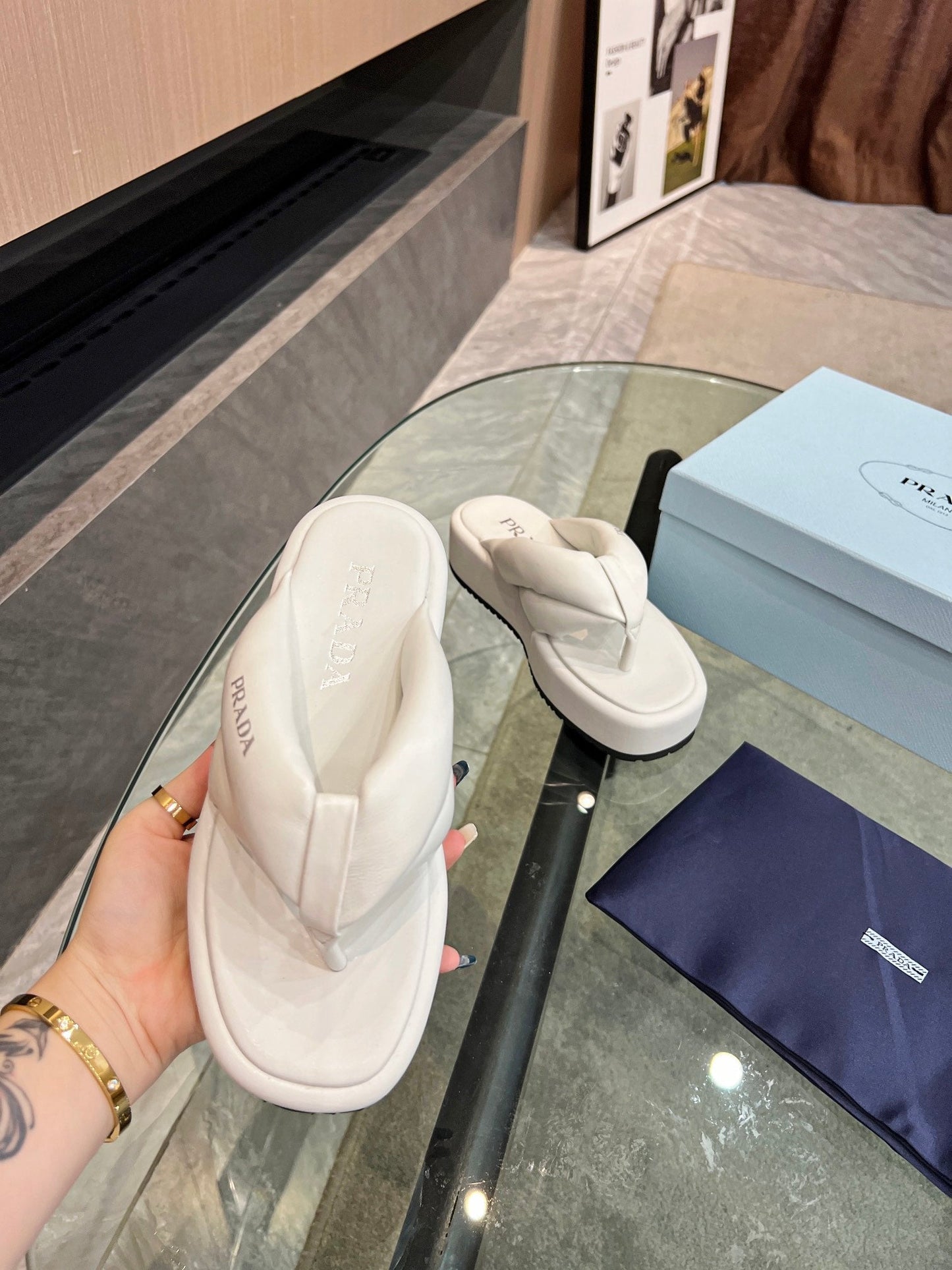 PRA THONG FLATFORM SANDALS WHITE LAMBSKIN - 35
