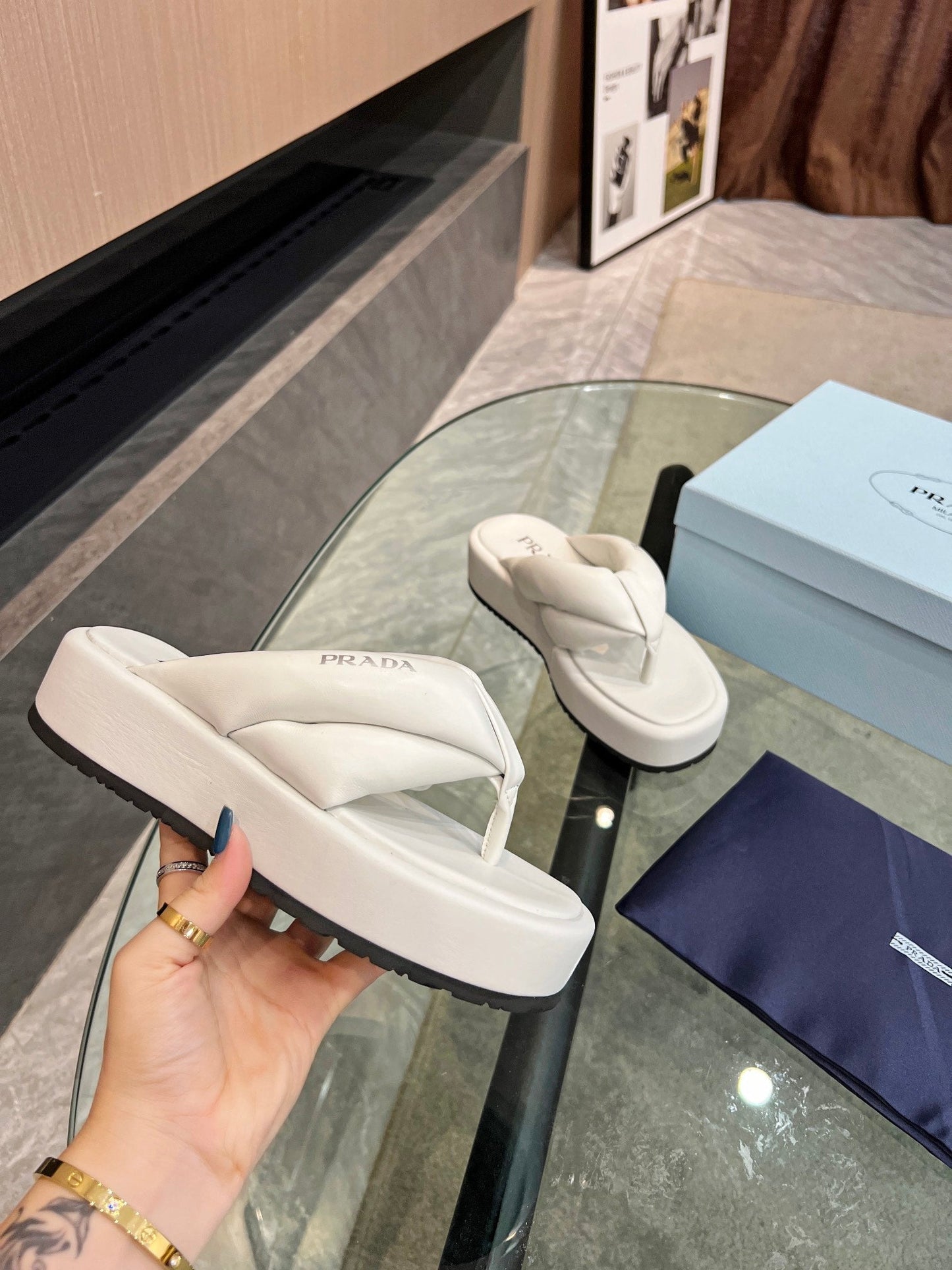 PRA THONG FLATFORM SANDALS WHITE LAMBSKIN - 35